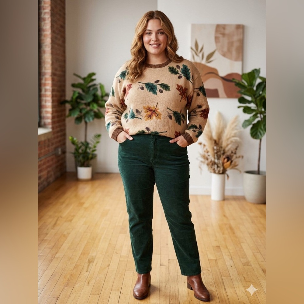 Talbots Tan Floral Crewneck Sweater with Green Leaf Accents